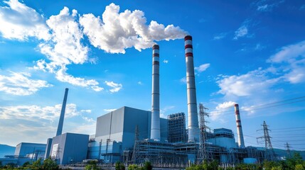 Obraz premium Modern power plant chimneys releasing smoke against a bright blue sky, symbolizing industrial energy output. No people.