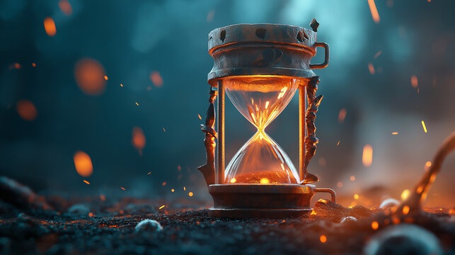 An hourglass sits in a dark, smoky setting, with sparks of fire flying around it.