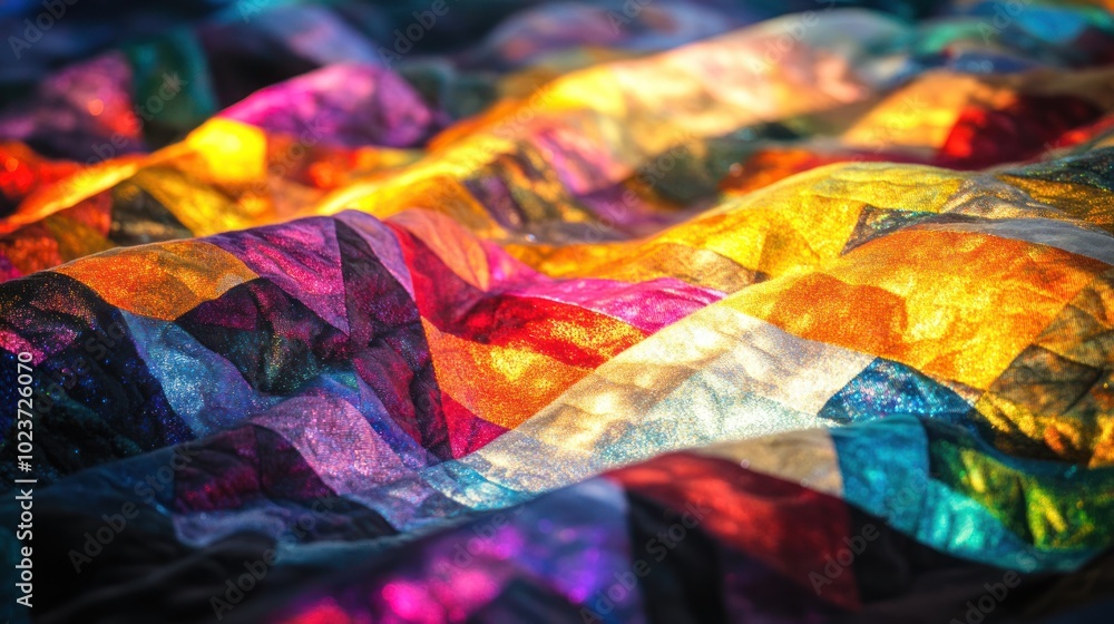 Poster close-up of glittering multicolored fabric with a geometric pattern