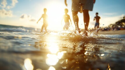 Fototapeta premium Radiant Family Bliss: Joyful Beach Vacation by the Glistening Shoreline