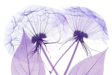 Obraz premium X-ray image of two dandelions with leaves on a white background, copy space