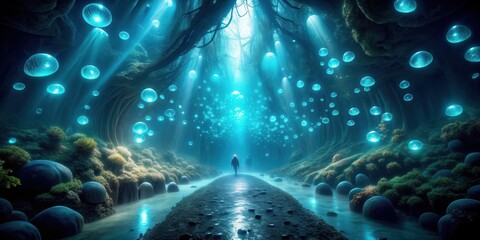Fototapeta premium Enigmatic glow journey into bioluminescent underwater world, bioluminescence, underwater, marine life, mystical, mysterious