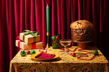 Festive Christmas table setup with gifts and panettone