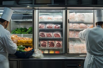 Cold Storage Area of a Restaurant Kitchen, Showing Chefs Organizing Fresh Seafood, Meat, and Vegetables Inside Large Commercial Refrigerators