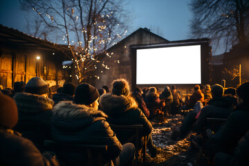 Outdoor cinema in the park with audience under a clear evening sky