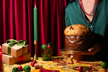 Festive table setting with panettone and holiday ornaments