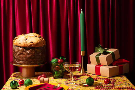 Festive Christmas themed table with panettone and gifts