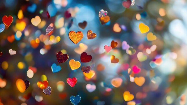 Small, shimmering heart shapes create a vibrant atmosphere during a joyful evening gathering