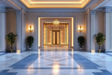 Obraz premium modern blue and beige hotel entrance exterior design with elegant lamps and luxury marble floor 