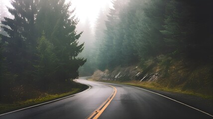 Fototapeta premium Winding Road Through Evergreen Forest in the Mist