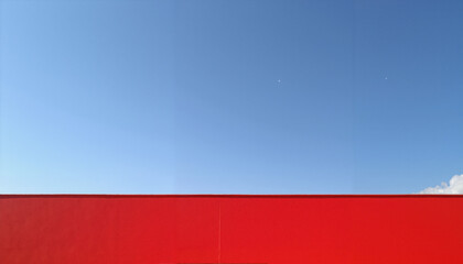 Bold Minimalist Red Wall against Clear Blue Sky – Vibrant Color Block Architectural Abstract Design with Clean Lines and Geometric Simplicity