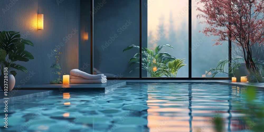 Aufkleber a large pool with a view of trees and a fireplace. the pool is surrounded by plants and has a white 