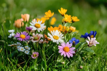Obraz premium A Picturesque Array of Flowers Amidst the Verdant Embrace of Grass