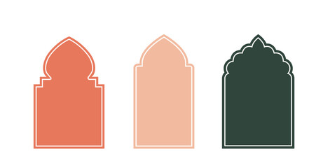 Islamic architecture windows set. Arabic mosque windows. Traditional east asian architecture elements and frames. Oriental ornaments. Flat vector collection isolated on black background