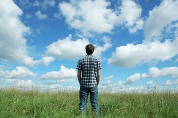 A Man Standing on a Grassy Field Gazing Upward at the Expanse of the Sky