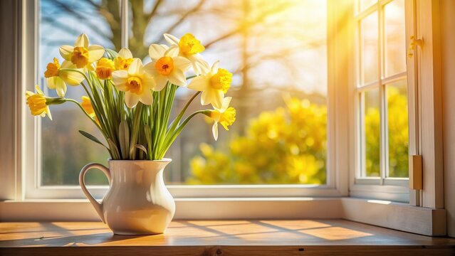 Sunlit daffodils in a beautiful vase on a cozy window sill , spring, flowers, daffodils, vase, sunlight, cozy, window sill