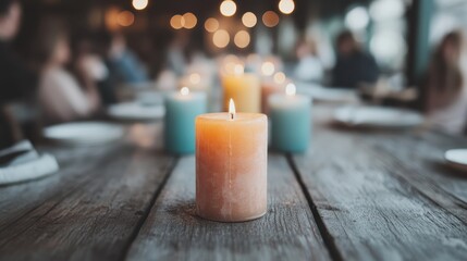 A soft-glowing candle creates a cozy ambiance on a rustic wooden table, with blurred background diners enhancing the intimate atmosphere of the setting.