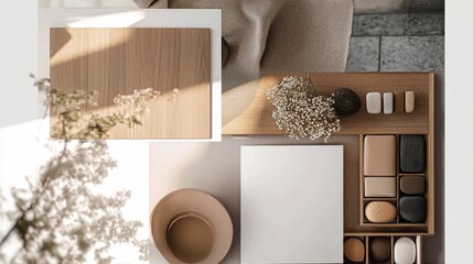 Inspirational flat lay moodboard showcasing a contemporary interior concept for a cozy modern living room design