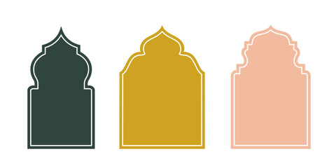 Islamic architecture windows set. Green, yellow and beige arabic mosque frames. East asian culture. Pattern and ornament. Flat vector collection isolated on white background