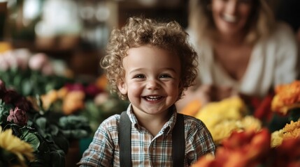 A content child with curly hair, clad in plaid, stands amidst a vibrant array of flowers in a lively shop, embodying youthful joy and the warmth of togetherness.