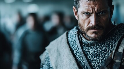 A determined armored knight in chainmail stands in a bustling crowd, highlighting the timeless resilience and strength of historical warriors in today's world.