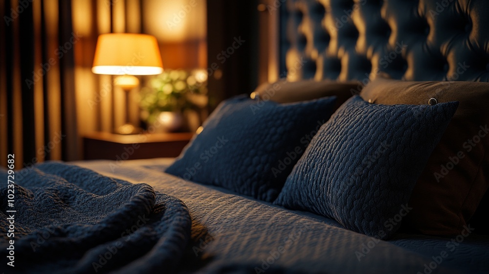 Poster close-up of a custom-built tufted headboard with elegant stitching and cozy bedding in soft bedroom 