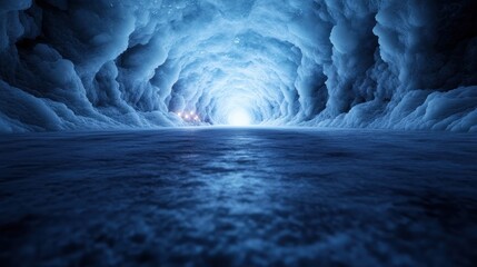 A breathtaking ice tunnel that stretches into the distance, illuminated by ethereal, glowing light at the exit point, creating a mesmerizing, surreal visual journey.