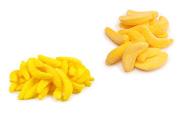Juicy colorful jelly banana sweets isolated on white. Gummy candies.