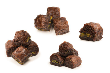 Turkish chocolate baklava isolated on white background.