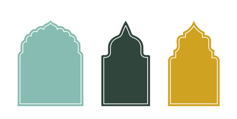 Islamic architecture windows set. Green and yellow arabic decor elements. East asian mosque. Arc in oriental and morocco style. Flat vector collection isolated on white background