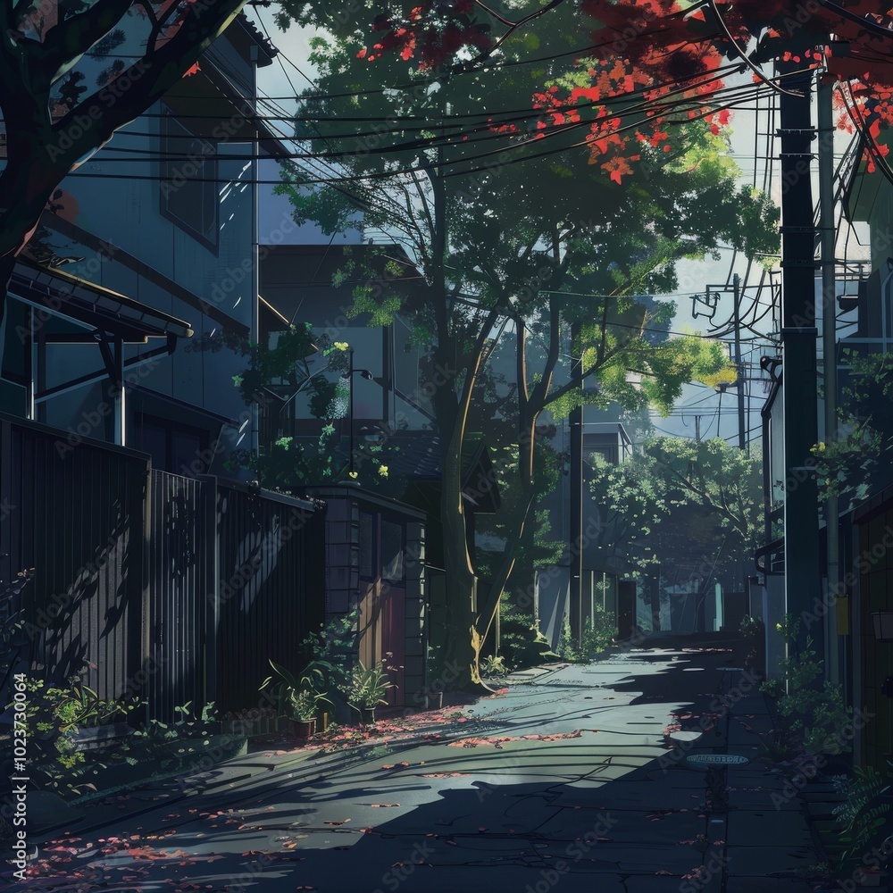 Poster a street with a fence and trees in the background