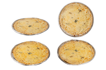 Four cheese pizza isolated on white background.