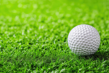Fototapeta premium A close-up view of a golf ball resting on freshly mowed grass in a sunny landscape