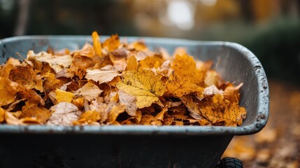 A rustic wheelbarrow brimming with vibrant, colorful autumn leaves, showcasing the beauty of fall's rich hues and the essence of seasonal change evident in nature.