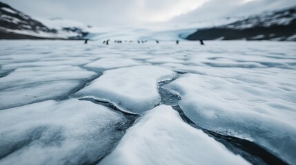 An icy landscape extends into the distance with faint penguins dotting the horizon, capturing the cold and tranquil isolation of a winter wonderland.