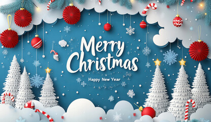 Winter christmas composition in paper cut style.Merry Christmas text Calligraphic Lettering Vector illustration.