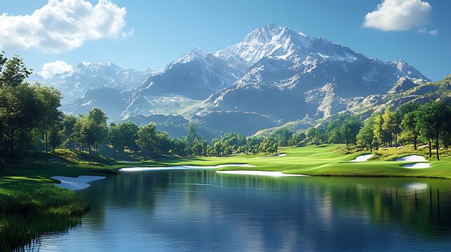 A serene golf course with a lake, surrounded by lush green trees and a majestic mountain range in the background.