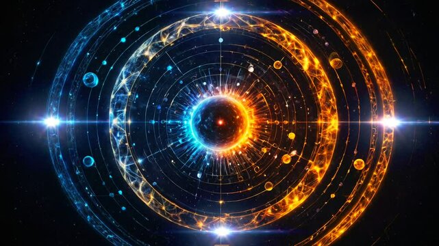 displays visuals that resemble astronomical and cosmic concepts. At its center is a luminous ball surrounded by rings or circular lines. the concept of the universe, energy, or cost harmony
