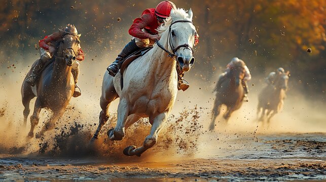 A white horse with a jockey in a red and white uniform leads a pack of four horses racing through a muddy track with the dust flying behind them.
