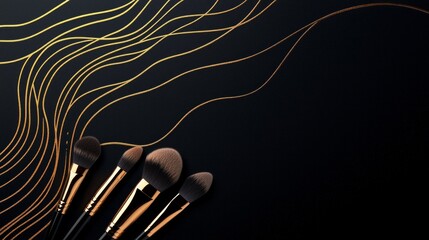 graceful female silhouette adorned with golden lines stands amidst makeup brushes creating a striking composition perfect for a beauty salons branding.
