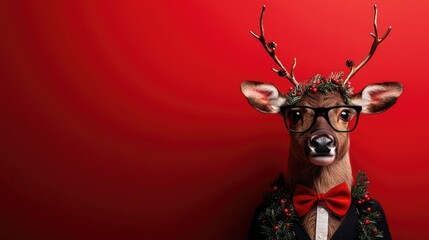 Christmas Background, Stylish deer with glasses and a bowtie against a vibrant red background.