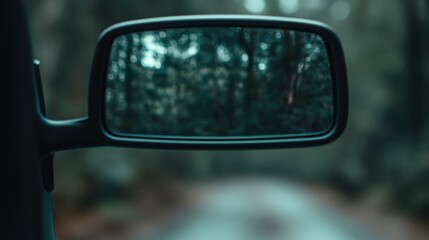 A rearview mirror captures a dense, green forest path scene, providing a tranquil, introspective view while highlighting the road's winding direction.