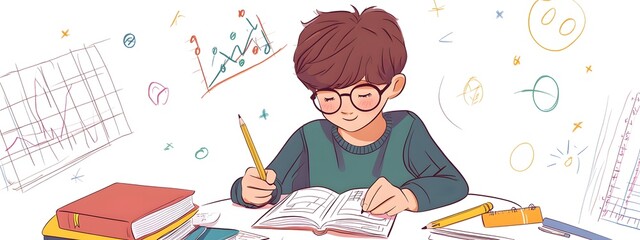 A boy is doing homework, in a simple flat illustration style with cartoon characters and lines, doodle style