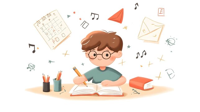 A boy is doing homework, in a simple flat illustration style with cartoon characters and lines, doodle style