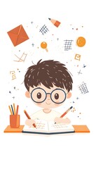 A boy is doing homework, in a simple flat illustration style with cartoon characters and lines, doodle style