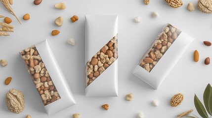 Three white packages of granola bars with a window showing the contents.