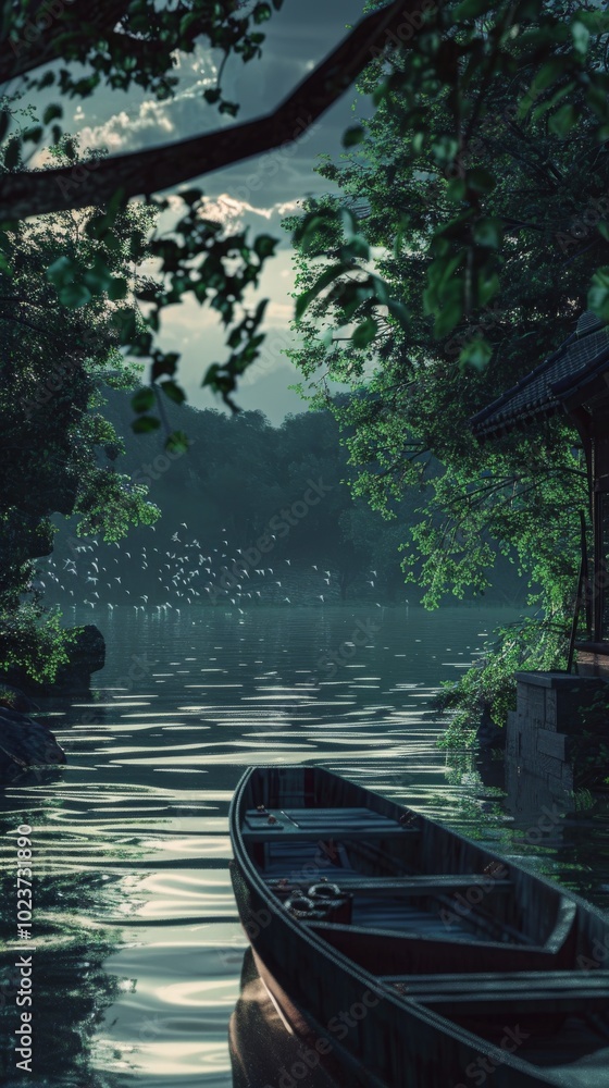 Poster a boat is floating in a river with trees in the background