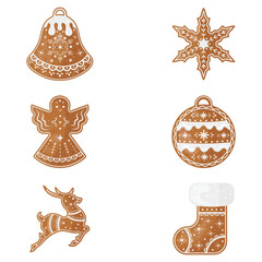 Christmas stickers. Collection of tasty ginger cookies: bell, snowflake, angel, ball, deer and Christmas sock on white background. Vector illustration.
