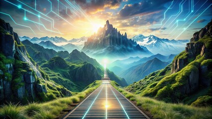 Futuristic technological advancements on abstract mountain path to success, technology, innovation, triumph, success