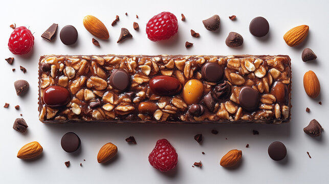 A delicious granola bar with almonds, chocolate, and raspberries. - Powered by Adobe